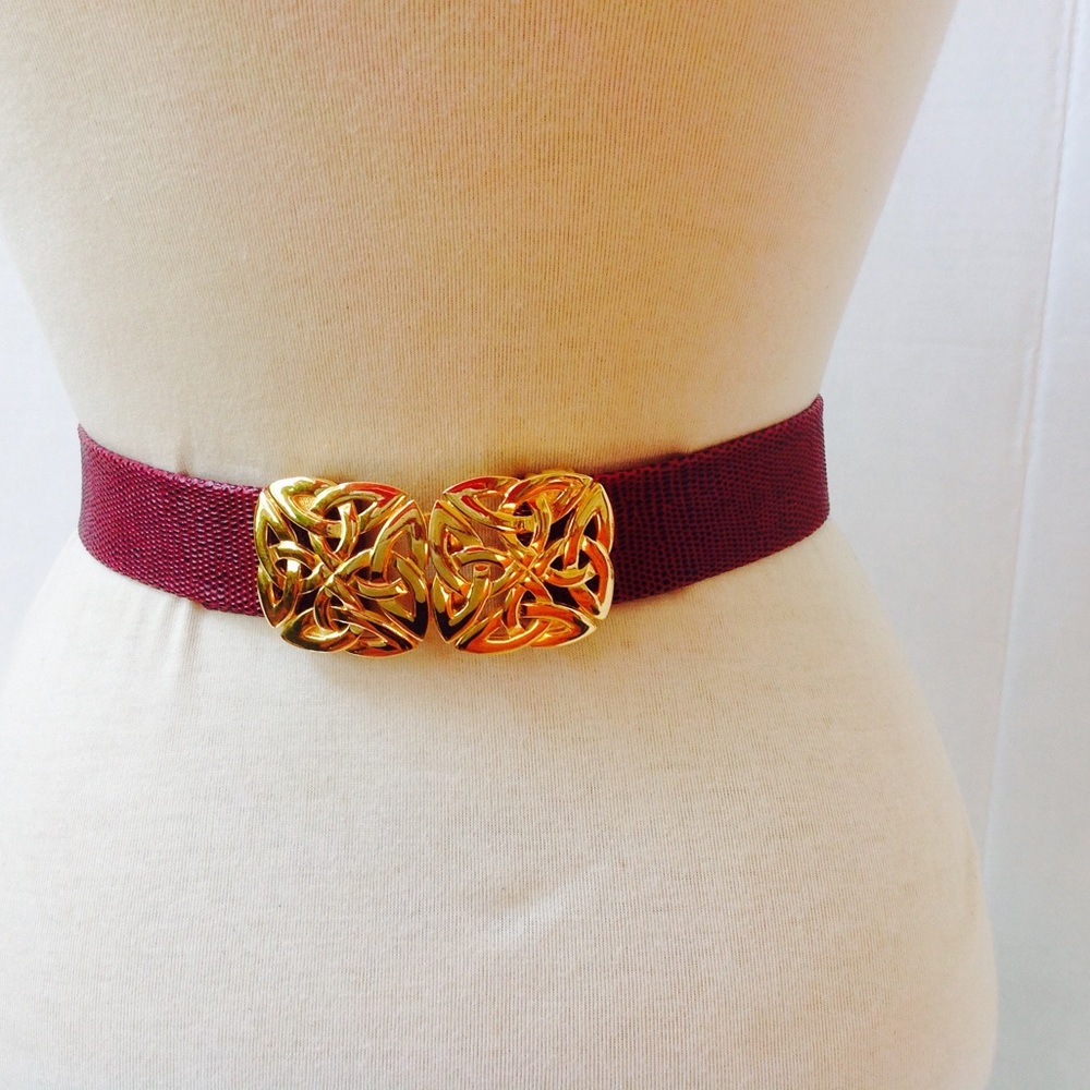 Vintage Red Leather Belt Croco Gold Buckle
